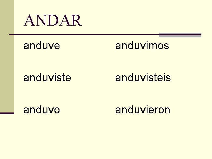 ANDAR anduve anduvimos anduvisteis anduvo anduvieron 