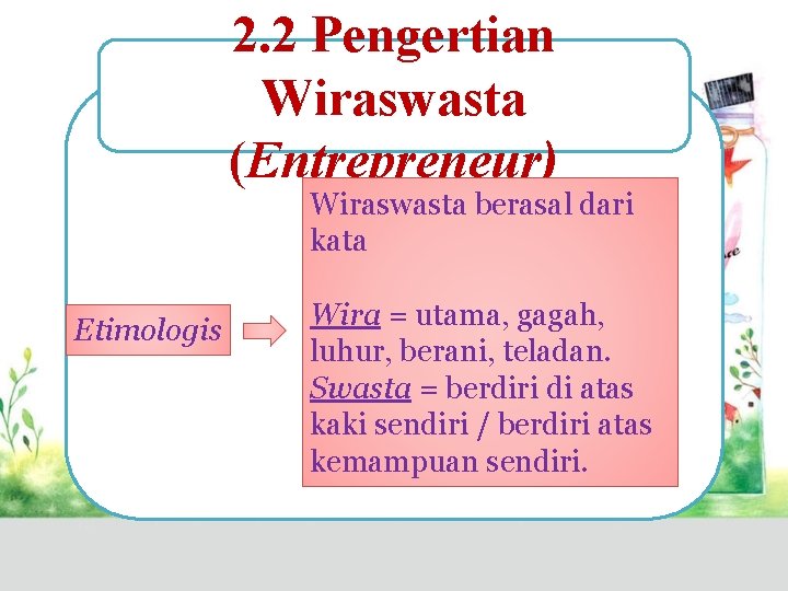 2. 2 Pengertian Wiraswasta (Entrepreneur) Wiraswasta berasal dari kata Etimologis Wira = utama, gagah,