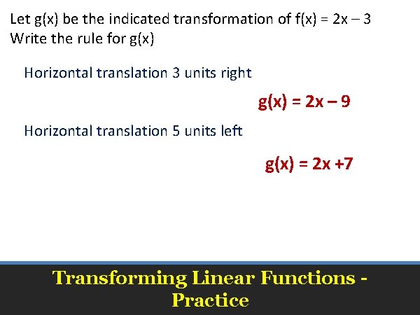 Let g(x) be the indicated transformation of f(x) = 2 x – 3 Write