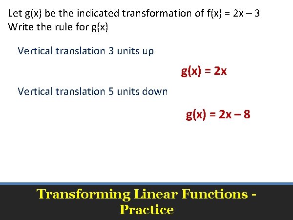 Let g(x) be the indicated transformation of f(x) = 2 x – 3 Write