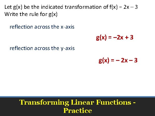 Let g(x) be the indicated transformation of f(x) = 2 x – 3 Write