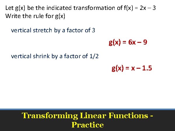 Let g(x) be the indicated transformation of f(x) = 2 x – 3 Write