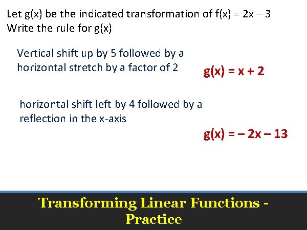 Let g(x) be the indicated transformation of f(x) = 2 x – 3 Write