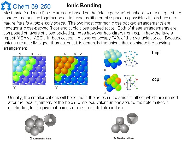 Chem 59 -250 Ionic Bonding Most ionic (and metal) structures are based on the