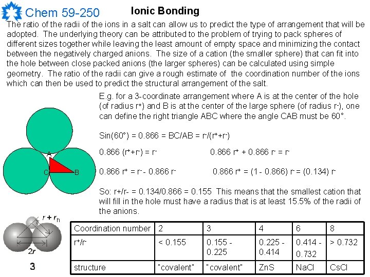 Chem 59 -250 Ionic Bonding The ratio of the radii of the ions in
