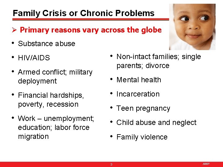 Family Crisis or Chronic Problems Ø Primary reasons vary across the globe • Substance