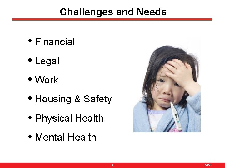 Challenges and Needs • Financial • Legal • Work • Housing & Safety •