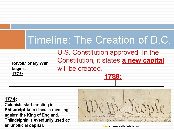 Timeline: The Creation of D. C. Revolutionary War begins. 1775: U. S. Constitution approved.
