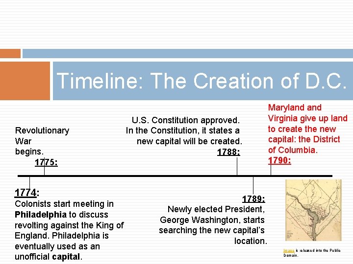 Timeline: The Creation of D. C. Revolutionary War begins. 1775: 1774: Colonists start meeting