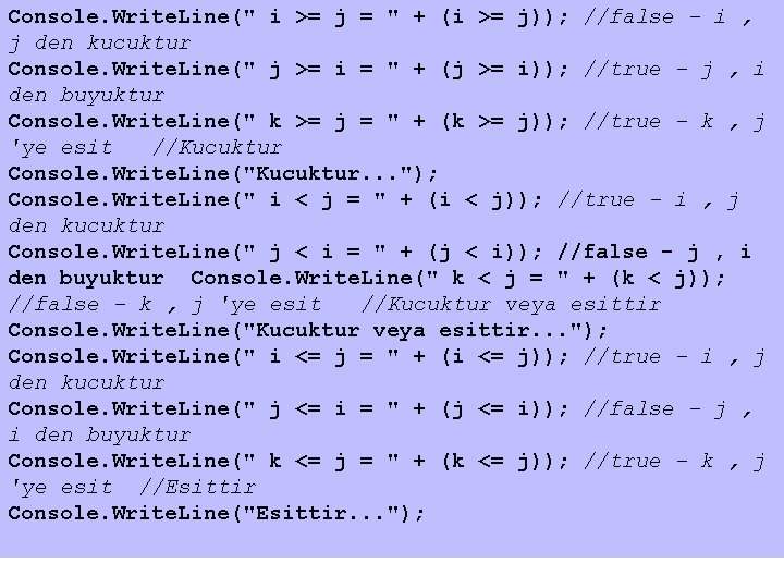 Console. Write. Line(" i >= j = " + (i >= j)); //false -