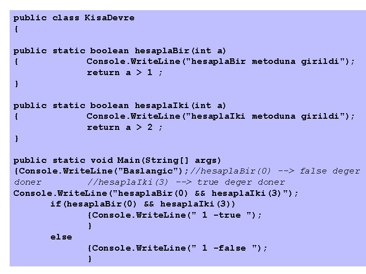 public class Kisa. Devre { public static boolean hesapla. Bir(int a) { Console. Write.