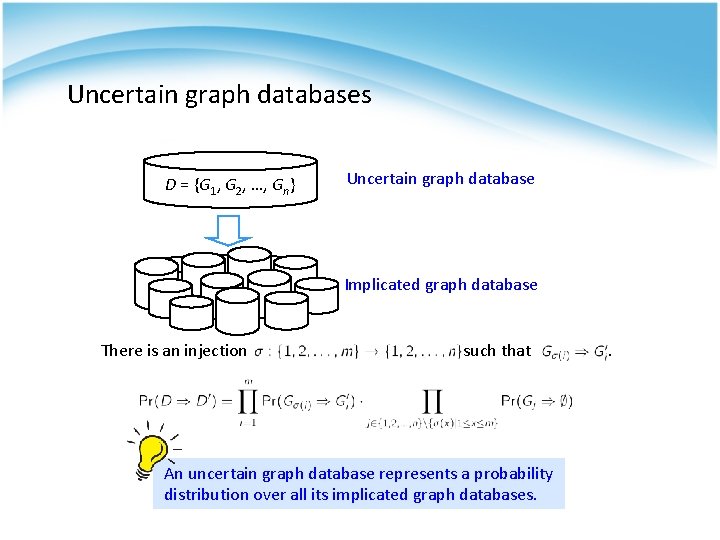 Uncertain graph databases D = {G 1, G 2, …, Gn} Uncertain graph database Uncertain graph databases D = {G 1, G 2, …, Gn} Uncertain graph database