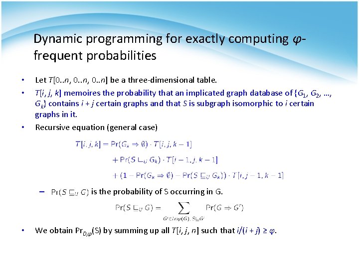 Dynamic programming for exactly computing φfrequent probabilities • • • Let T[0. . n, Dynamic programming for exactly computing φfrequent probabilities • • • Let T[0. . n,