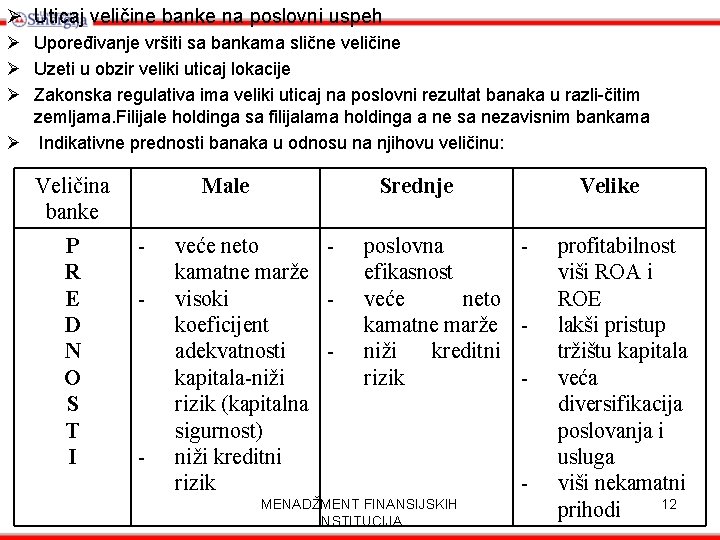 Ø Uticaj veličine banke na poslovni uspeh Ø Upoređivanje vršiti sa bankama slične veličine