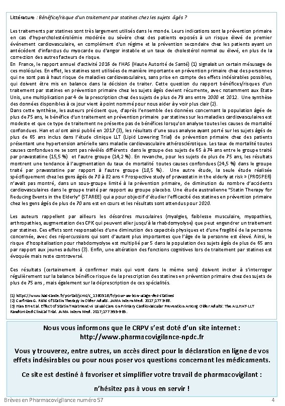 Littérature : Bénéfice/risque d’un traitement par statines chez les sujets âgés ? Les traitements