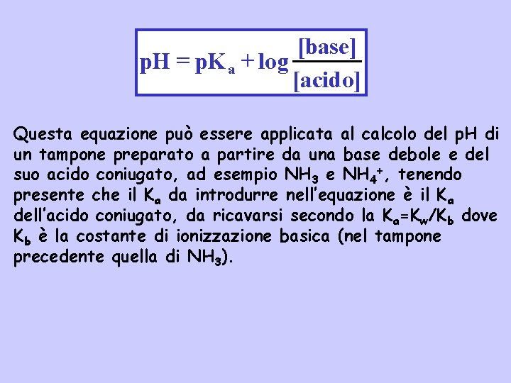 [base] p. H = p. K a + log [acido] Questa equazione può essere