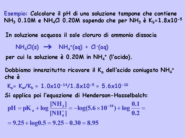 Esempio: Calcolare il p. H di una soluzione tampone che contiene NH 3 0.