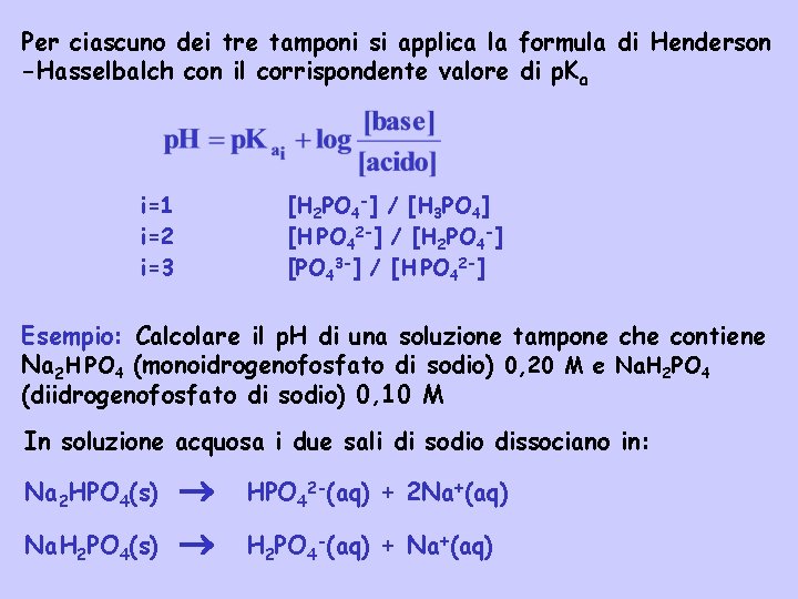 Per ciascuno dei tre tamponi si applica la formula di Henderson -Hasselbalch con il