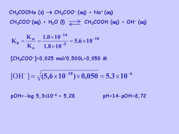 CH 3 COONa (s) CH 3 COO- (aq) + Na+ (aq) CH 3 COO-(aq)