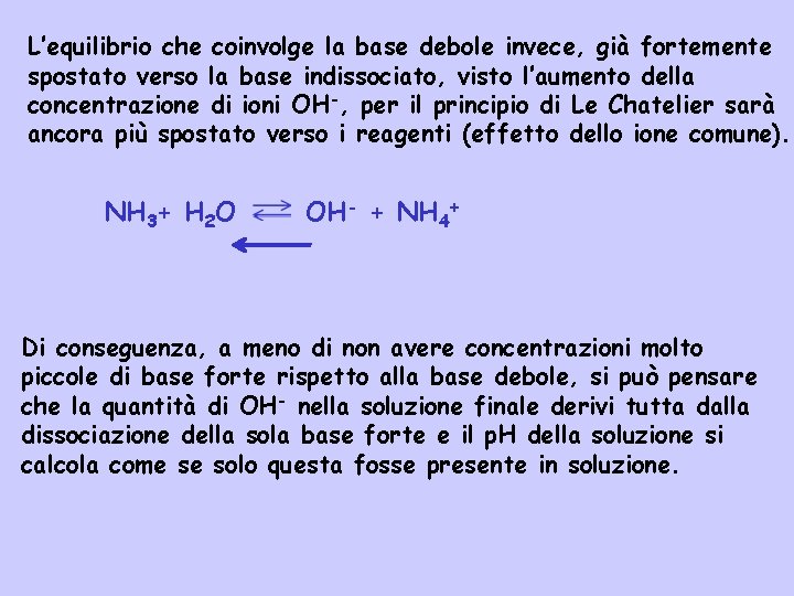 L’equilibrio che coinvolge la base debole invece, già fortemente spostato verso la base indissociato,