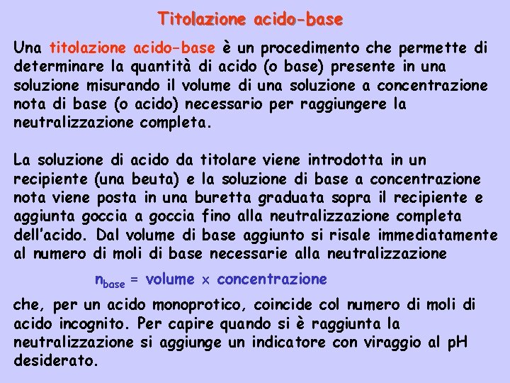 Titolazione acido-base Una titolazione acido-base è un procedimento che permette di determinare la quantità