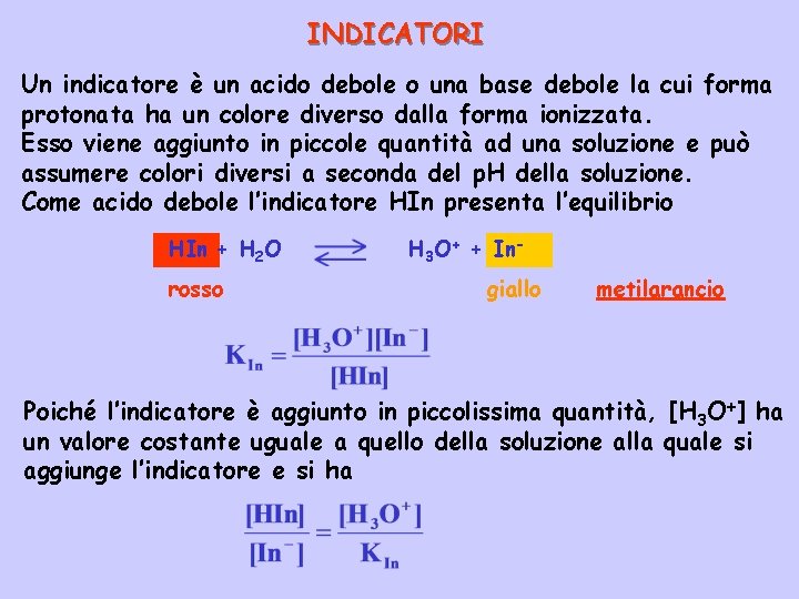 INDICATORI Un indicatore è un acido debole o una base debole la cui forma