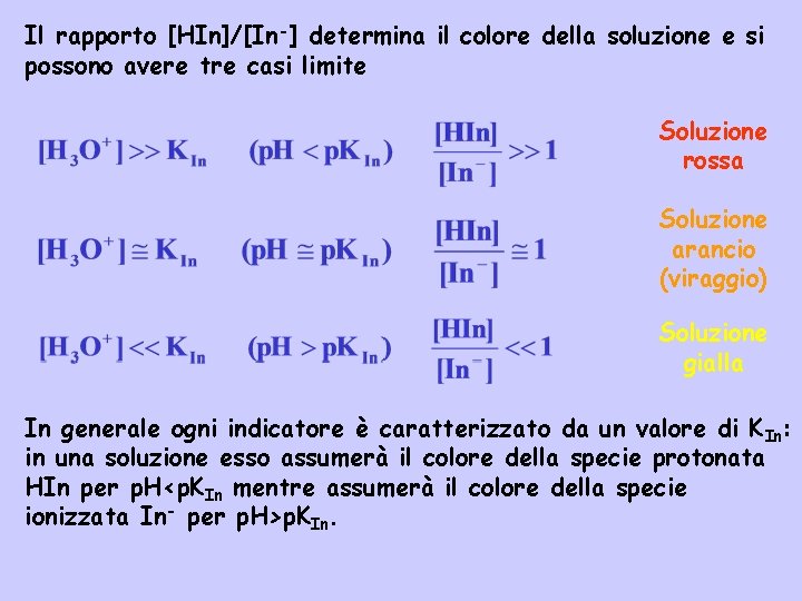 Il rapporto [HIn]/[In-] determina il colore della soluzione e si possono avere tre casi