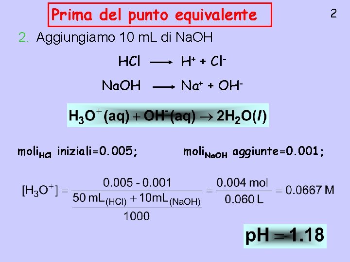 Prima del punto equivalente 2. Aggiungiamo 10 m. L di Na. OH HCl Na.