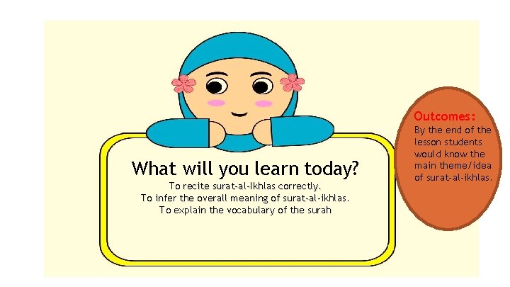 Outcomes: What will you learn today? To recite surat-al-Ikhlas correctly. To infer the overall