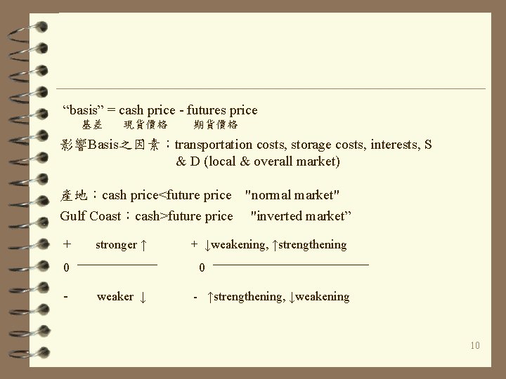 “basis” = cash price - futures price 基差 現貨價格 期貨價格 影響Basis之因素：transportation costs, storage costs,