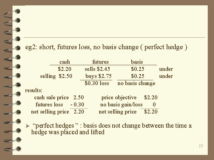 eg 2: short, futures loss, no basis change ( perfect hedge ) cash $2.