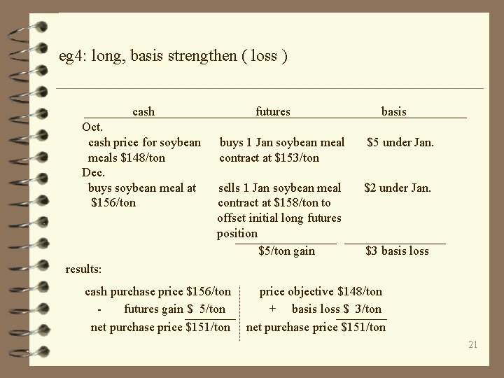 eg 4: long, basis strengthen ( loss ) cash Oct. cash price for soybean