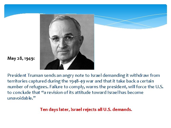 May 28, 1949: President Truman sends an angry note to Israel demanding it withdraw