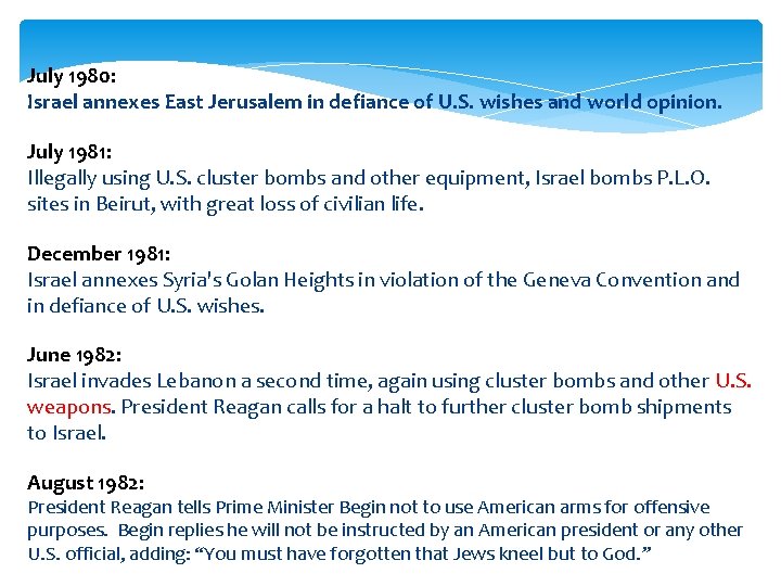 July 1980: Israel annexes East Jerusalem in defiance of U. S. wishes and world