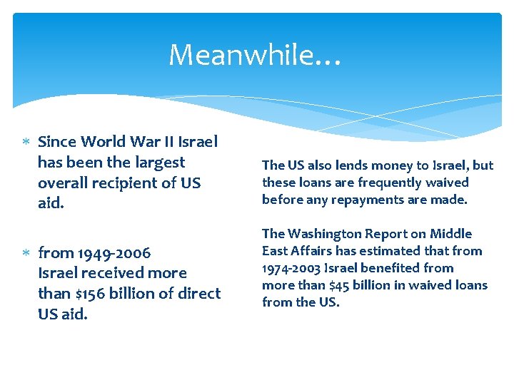 Meanwhile… Since World War II Israel has been the largest overall recipient of US