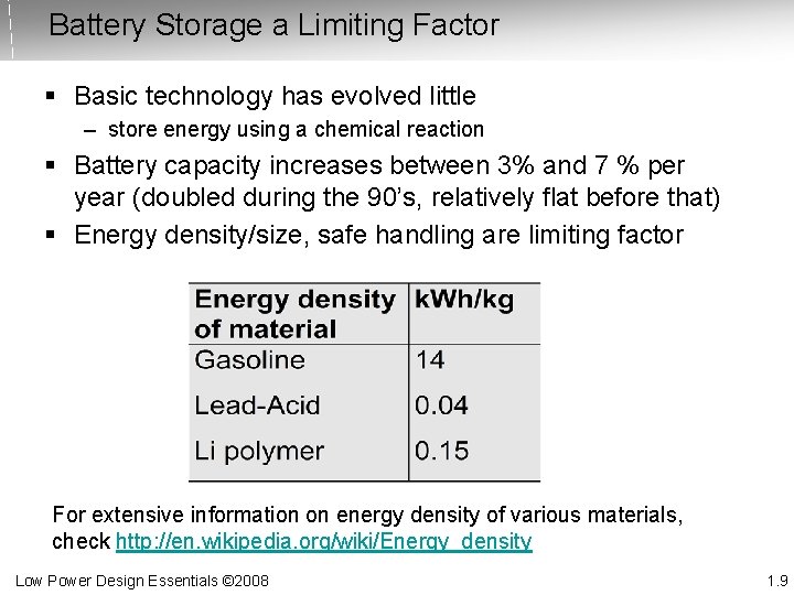 Battery Storage a Limiting Factor § Basic technology has evolved little – store energy
