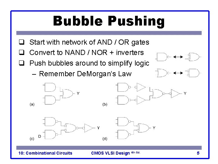 Bubble Pushing q Start with network of AND / OR gates q Convert to Bubble Pushing q Start with network of AND / OR gates q Convert to