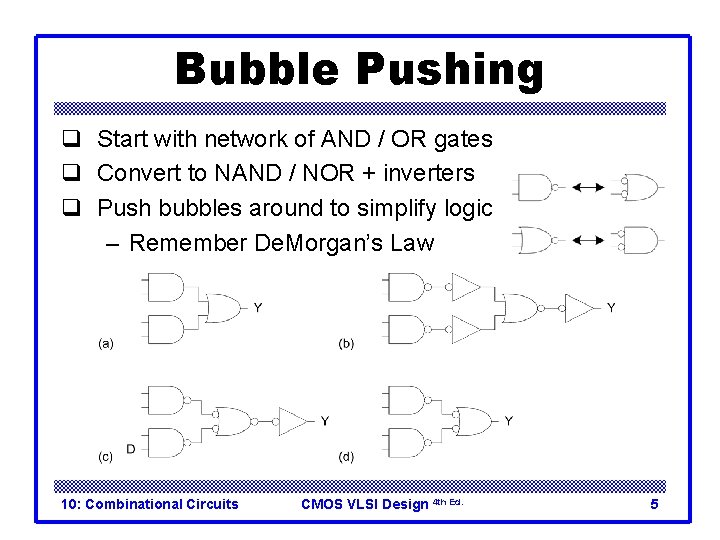 Bubble Pushing q Start with network of AND / OR gates q Convert to