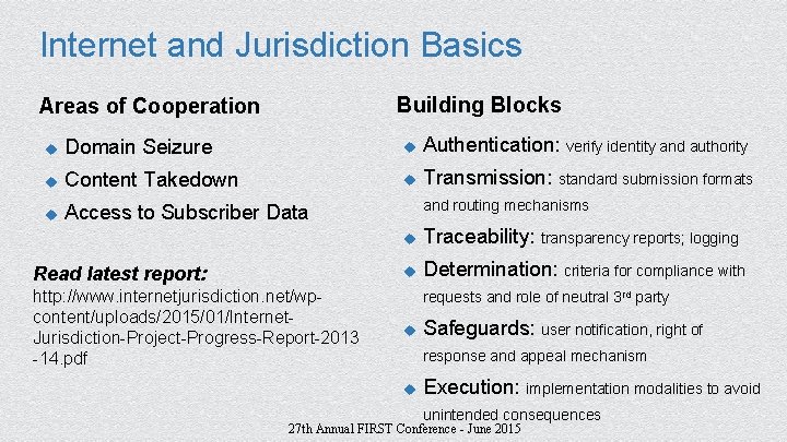 Internet and Jurisdiction Basics Building Blocks Areas of Cooperation u Domain Seizure u Authentication:
