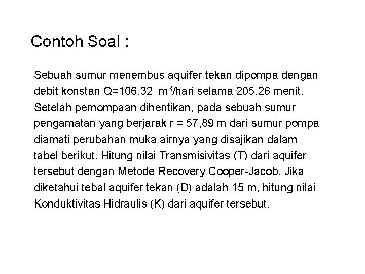 Contoh Soal : Sebuah sumur menembus aquifer tekan dipompa dengan debit konstan Q=106, 32