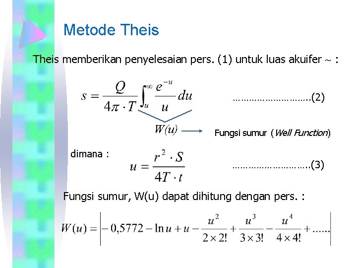 Metode Theis memberikan penyelesaian pers. (1) untuk luas akuifer : ……………. . (2) W(u)