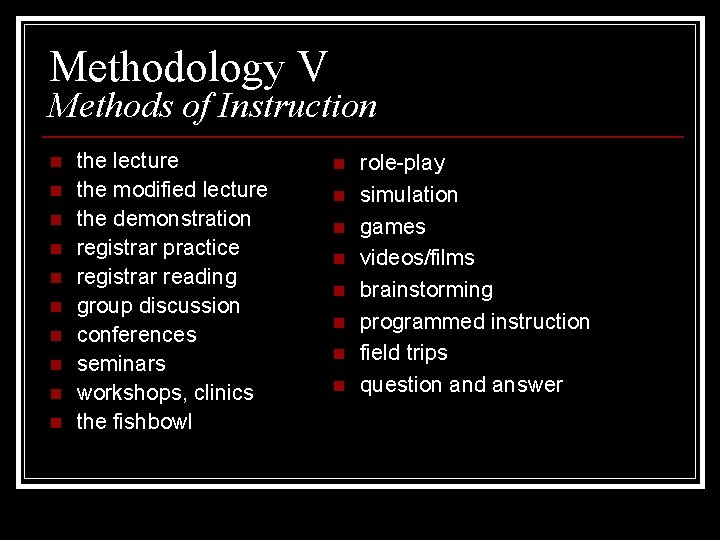 Methodology V Methods of Instruction n n the lecture the modified lecture the demonstration