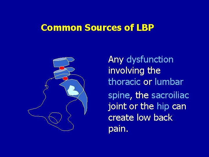 Common Sources of LBP Any dysfunction involving the thoracic or lumbar spine, the sacroiliac