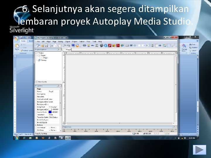 6. Selanjutnya akan segera ditampilkan lembaran proyek Autoplay Media Studio. 