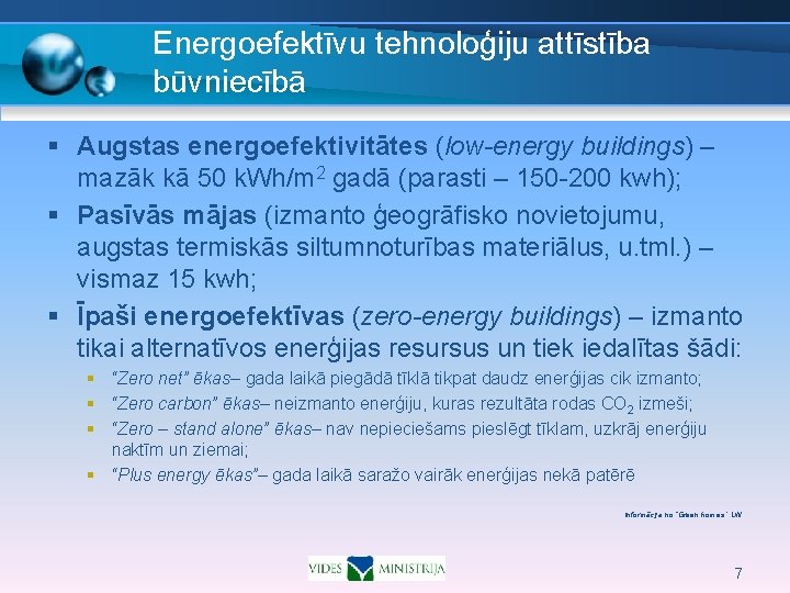 Energoefektīvu tehnoloģiju attīstība būvniecībā § Augstas energoefektivitātes (low-energy buildings) – mazāk kā 50 k.