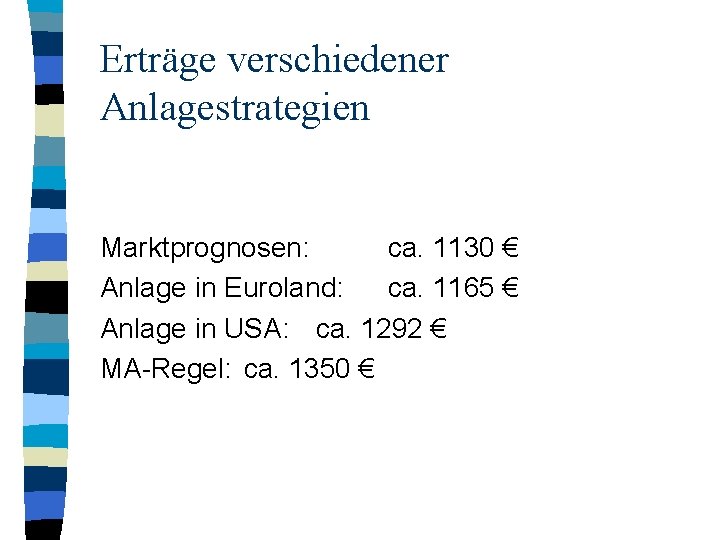 Erträge verschiedener Anlagestrategien Marktprognosen: ca. 1130 € Anlage in Euroland: ca. 1165 € Anlage