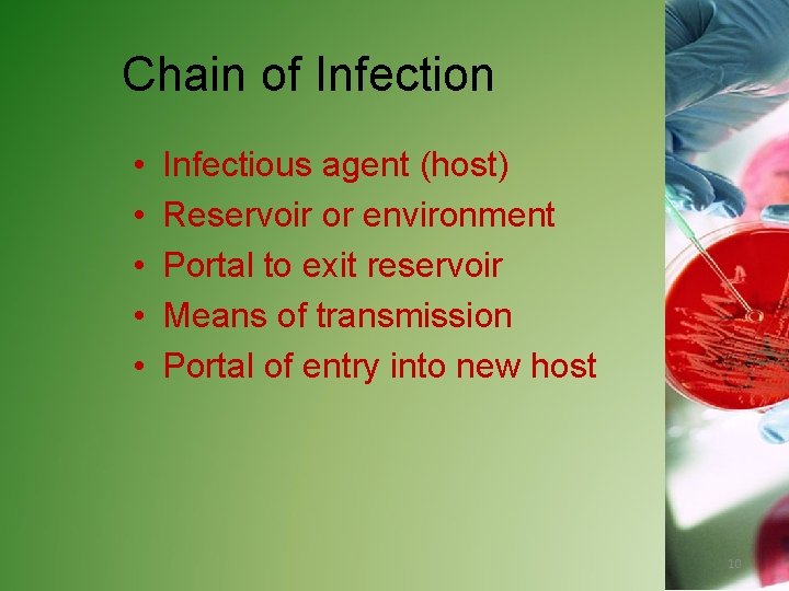 Chain of Infection • • • Infectious agent (host) Reservoir or environment Portal to