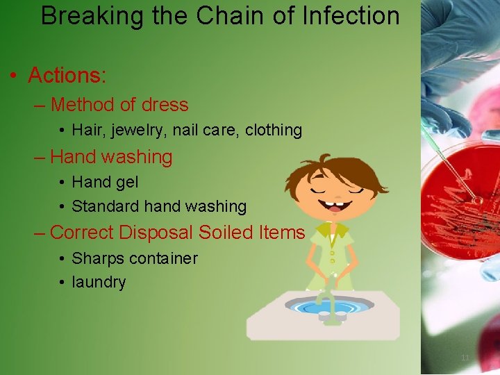 Breaking the Chain of Infection • Actions: – Method of dress • Hair, jewelry,