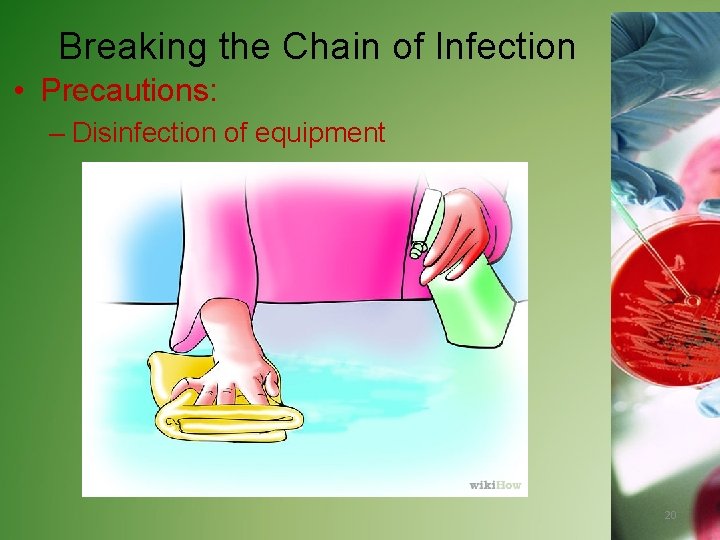 Breaking the Chain of Infection • Precautions: – Disinfection of equipment 20 