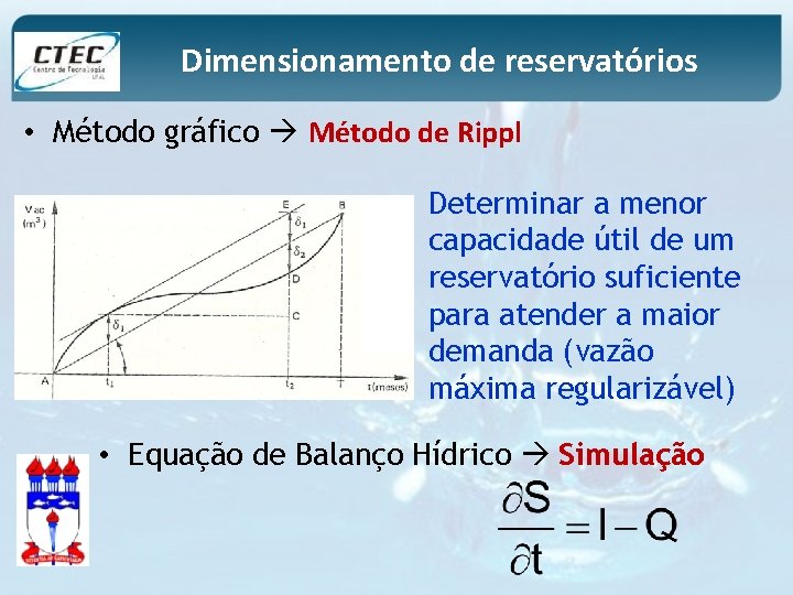 Dimensionamento de reservatórios • Método gráfico Método de Rippl Determinar a menor capacidade útil